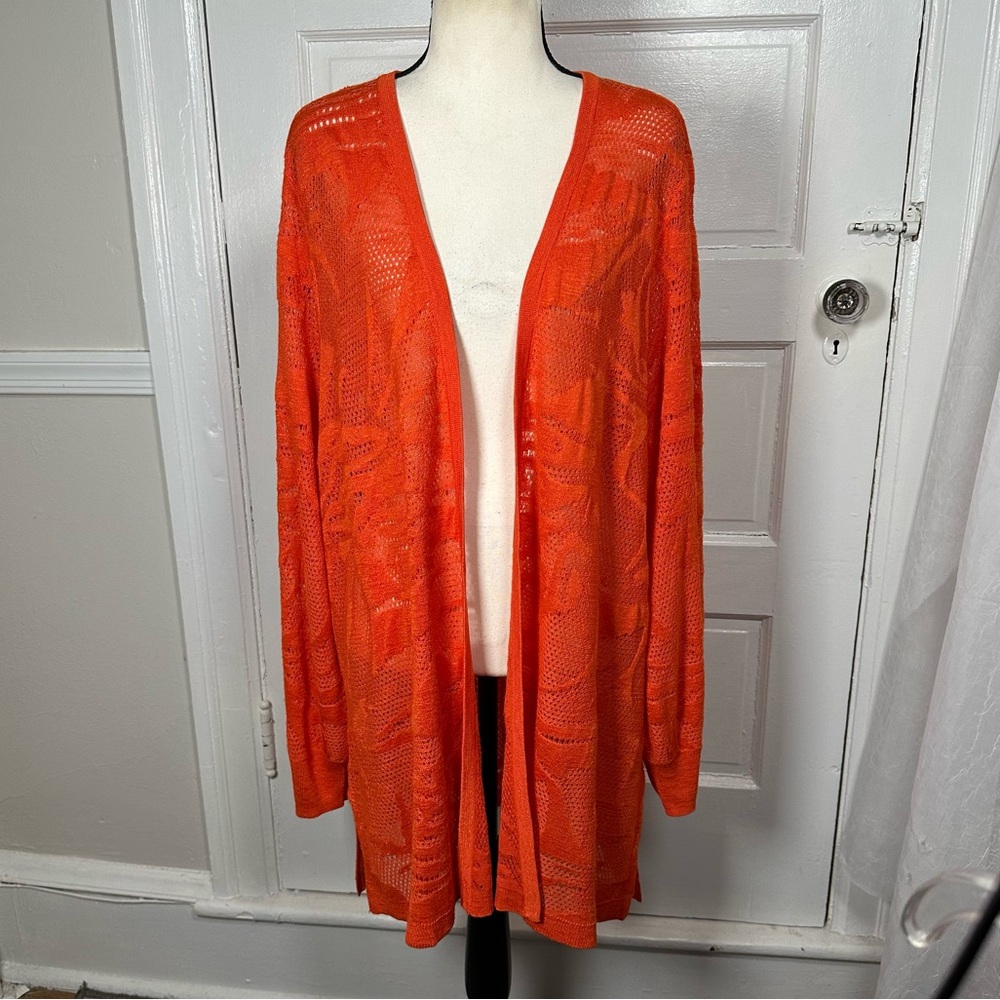 Chico's Orange Pointelle Palms Cardigan Sweater Open Knit Boho Casual XL NWOT - Picture 5 of 17